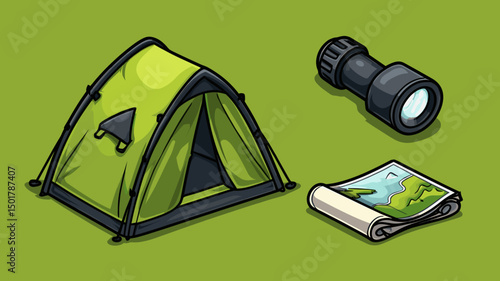 Camping gear including a green tent, map, and a monocular telescope, prepared for an adventure in the wilderness