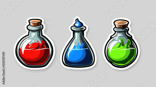 Three different bottles containing colorful liquids are displayed side by side on grey background