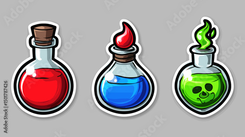 Three potion bottles with different liquids and colors stand side by side, showing red, blue, and green concoctions
