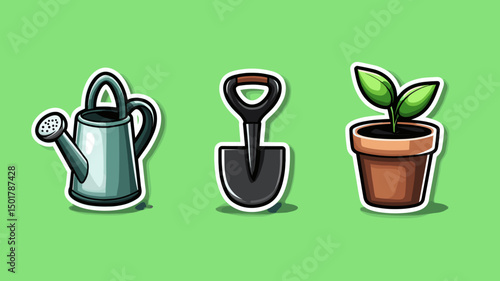 Watering can, shovel, and plant in pot on green background illustrate the tools necessary for starting a garden