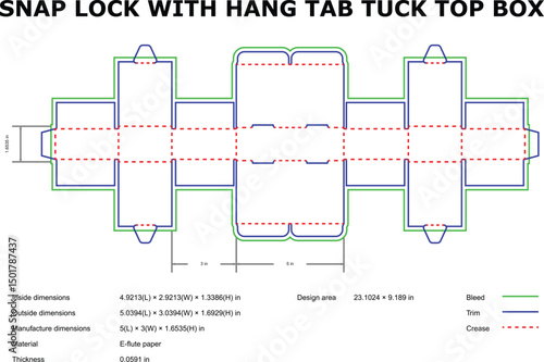 Detailed vector diagram of a snap lock box with hang tab and tuck top design