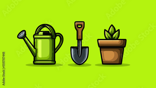 Green watering can, shovel, and plant in pot illustration set against a light green background, gardening equipment and botany