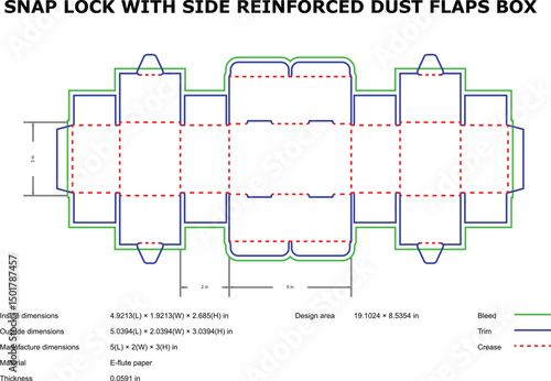 Detailed vector diagram of a snap lock box design with reinforcement flaps