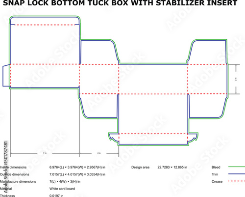 Packaging design layout for a snap lock bottom tuck box with a stabilizer insert.