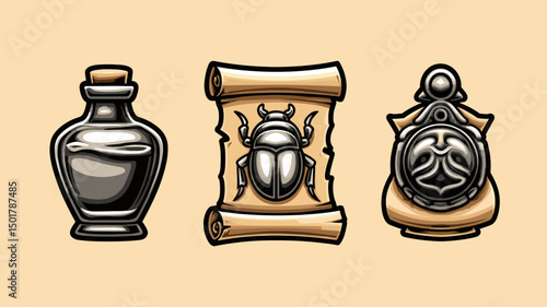 Depicts bottle, rolled parchment with beetle and an amulet in illustrative style, all relating to Ancient Egypt