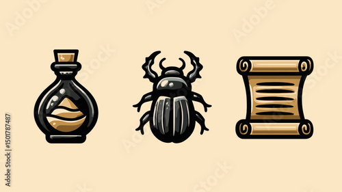 Ancient Egypt themed design featuring black bottle, scarab beetle, and rolled papyrus scroll