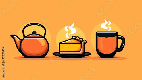 Tea time still life featuring teapot, slice of pie on a plate, and a mug of hot drink against an orange background