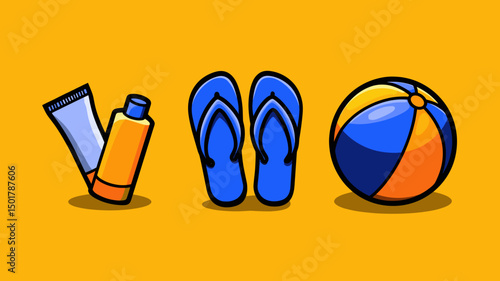 Essentials for a summer vacation with sunscreen lotion, blue flip-flops, and an inflatable beach ball on a yellow backdrop