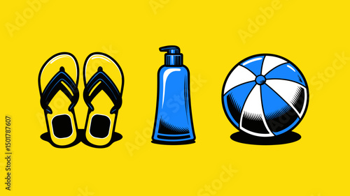 Illustration showing flip flops, sunscreen bottle, and a beach ball on a bright yellow background, perfect for summer