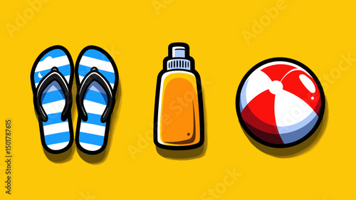 Summer essentials still life featuring blue striped flip flops, bottle of sunscreen, and a red and white beach ball