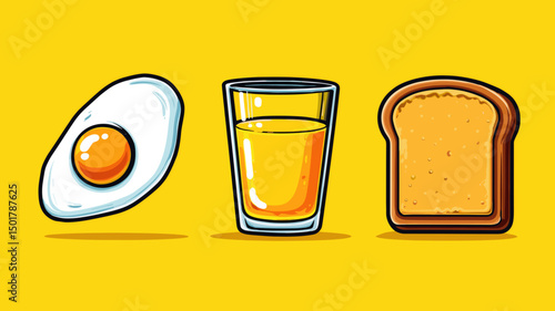 Illustrative minimalistic breakfast concept showing a fried egg, orange juice, and toast on a yellow background