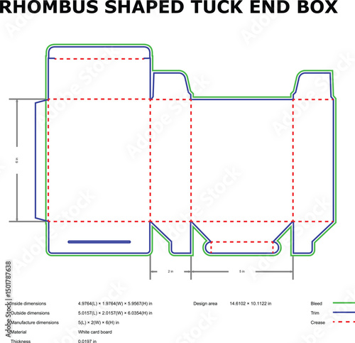 Detailed die-cut template for a rhombus shaped tuck end box packaging design.
