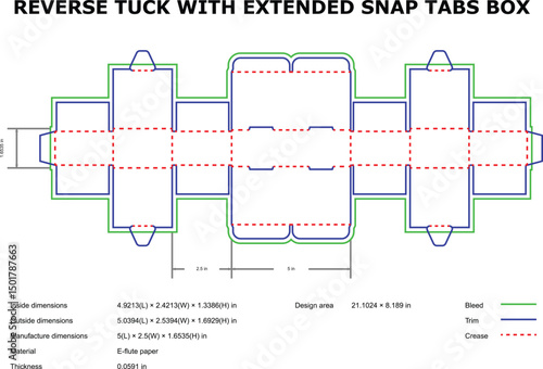 Detailed flat template design of a reverse tuck box with extended snap tabs