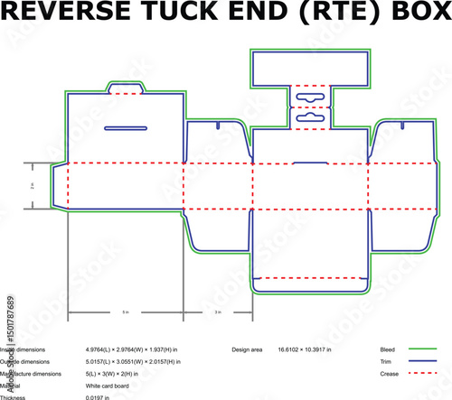 Detailed vector diagram of a reverse tuck end box packaging template with dimensions