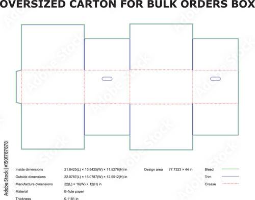 Oversized carton template for bulk orders showing dimensions and design specifications