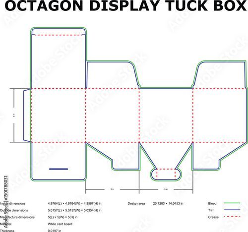 Detailed diagram of an octagon display tuck box layout with technical dimensions specified