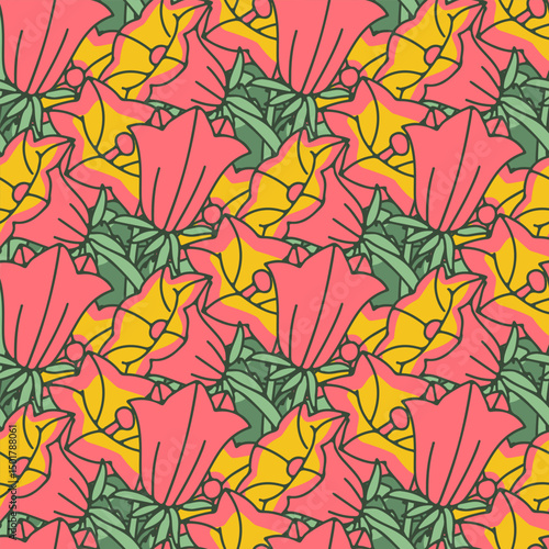 Seamless pattern with canary islands flowers Bellflower. Hand drawn boho floral wallpaper vector illustration