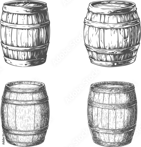 Set illustrations of wood barrel isolated on transparent background. Vector graphics