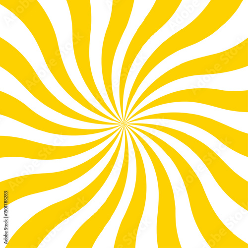 Minimal sunny sunset spotlight gradient banner for poster and cartoons background. Spiral radial striped backdrop design. Sunbeam sunrise burst illustration with spiral sunray and striped pattern