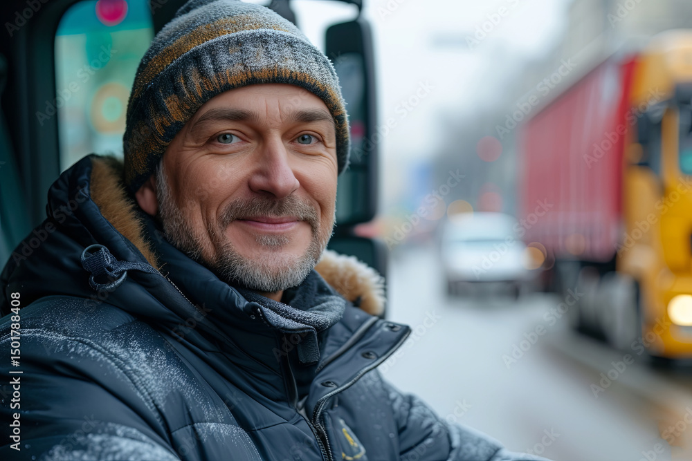 Smiling Truck Driver in Frosty Weather Wearing a Knit Hat Smiling Truck Driver in Frosty Weather Wearing a Knit Hat