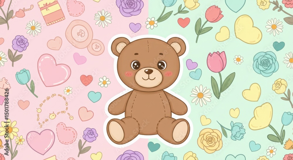 Fototapeta premium Cartoon teddy bear with hearts and flowers background