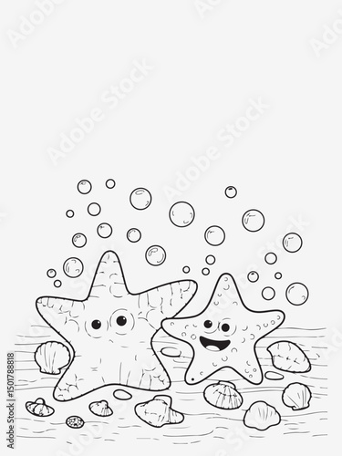 Smiling Starfish with Tiny Seashells and Bubbles Coloring Page