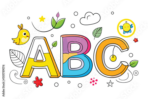 Colorful ABC Letters with Cute Cartoon Birds and Flowers
