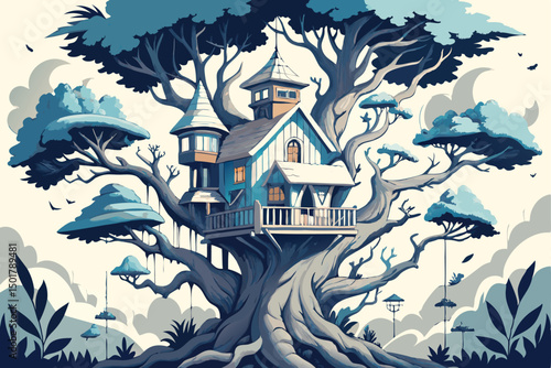 Enchanted Treetop House in a Blue Winter Landscape