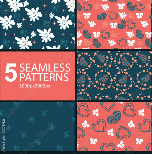 Patterns symbolizing everlasting love through floral and hearts. This bundle captures the essence of enduring affection with soft floral, symmetrical hearts, and modern line Ideal for branding