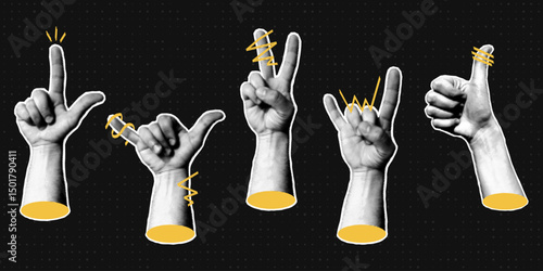 Halftone hands collection. Halftone hands show different gestures, rock, peace, and shaka signs. Stylish halftone collage design elements. Hand gestures in pop art style. Vector
