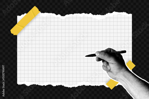 Halftone hand is holding a pen and writing the text. Halftone hand effect in collage style with cut out paper. Hand with pen is writing on the paper,  halftone collage style. Vector
