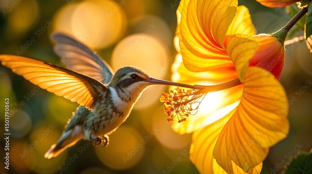 Naklejka premium : Hummingbird Visiting a Pink Flower