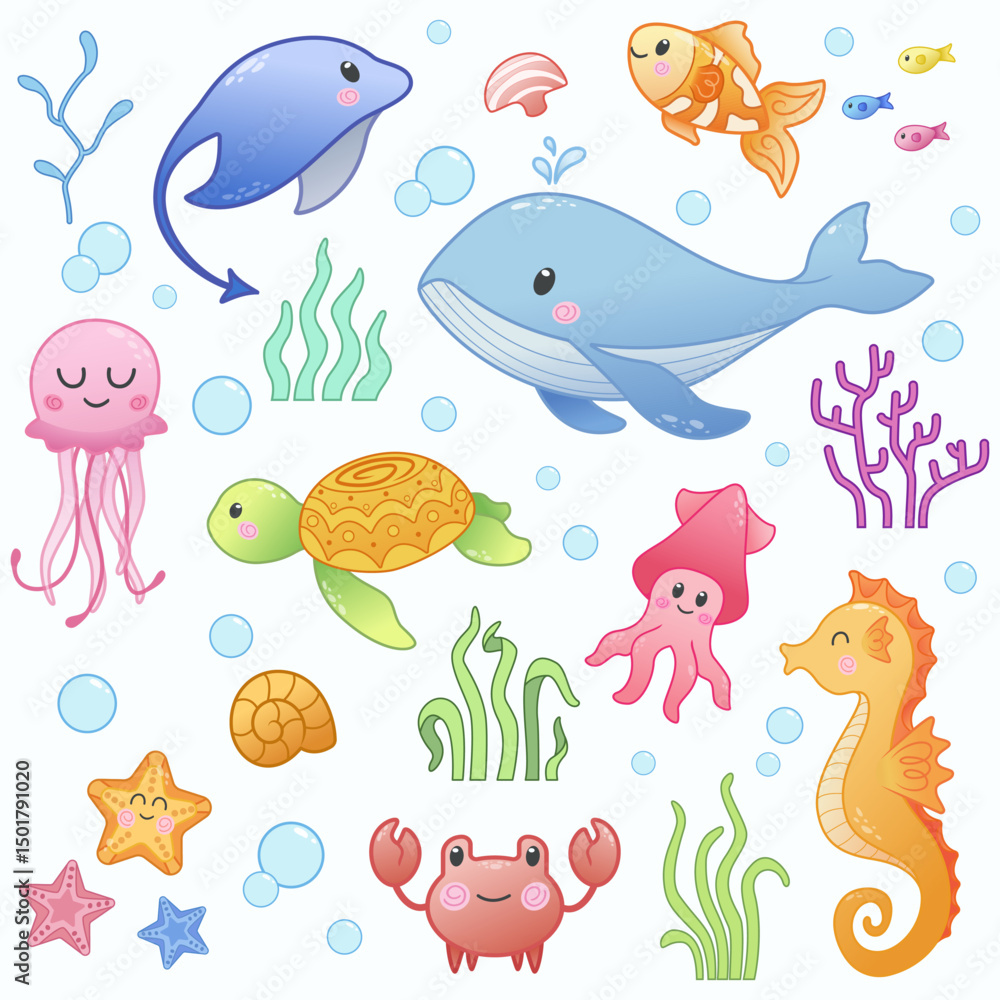 Fototapeta premium Cute set of undersea elements. Whale, jellyfish, seahorse, turtle, crab, fish, ray, seaweed, starfish and bubbles