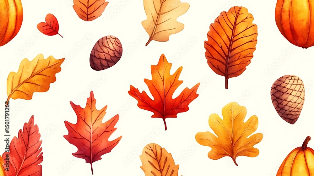 Fototapeta premium Autumn leaves, pumpkins, cones pattern