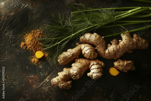 Fototapeta Naklejka Na Ścianę i Meble -  Golden spice and fresh herbs A vibrant and healthy culinary duo