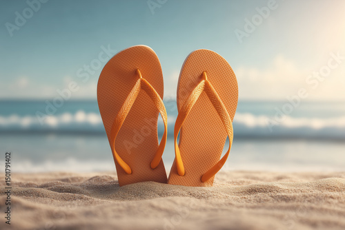 A pair of bright pastel flip-flops stand upright on a sandy beach, set against a calm ocean and clear sky. 