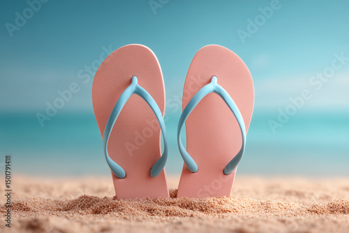 A pair of bright pastel flip-flops stand upright on a sandy beach, set against a calm ocean and clear sky. 
