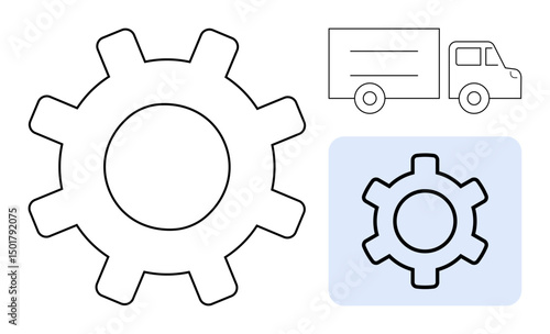 Gear representing operations and truck symbolizing delivery on a light blue square. Ideal for logistics, supply chain, operations, systems, technology, delivery services, simple landing page