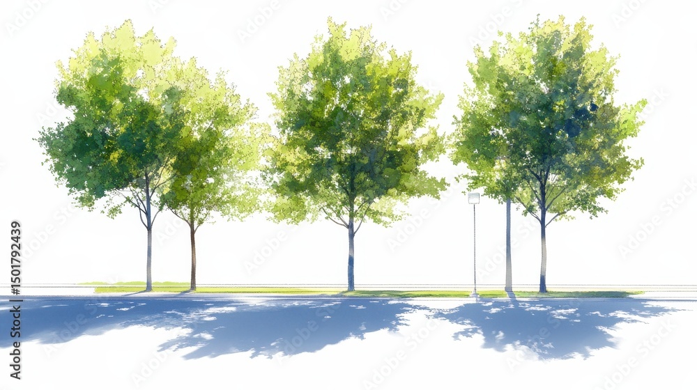 Obraz premium Watercolor painting of a row of green trees casting shadows on the sidewalk.