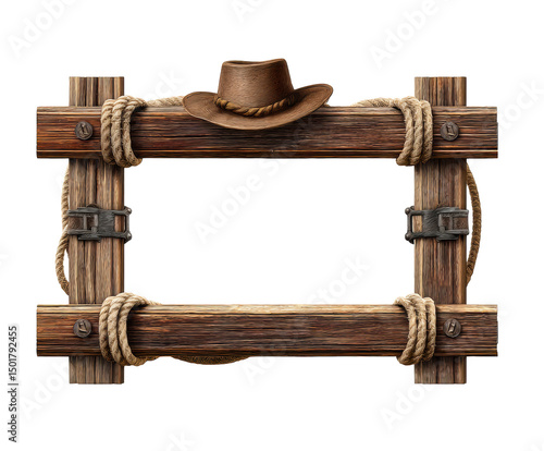 Rustic wooden frame with cowboy hat accent for country display, cut out transparent