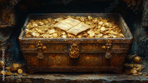 Antique gold treasure chest overflowing with coins and a scroll