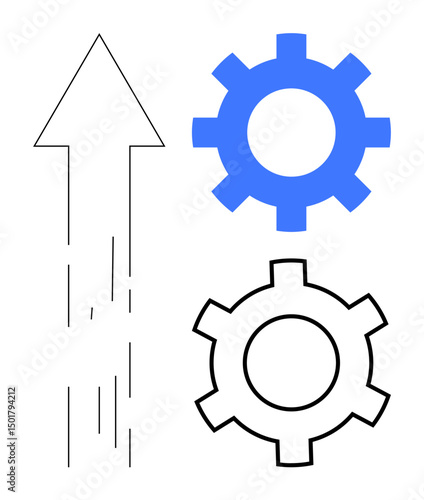 Upward arrow representing progress and two gears symbolizing teamwork, efficiency, and innovation. Ideal for business strategy, product development, process management, career growth, cooperation