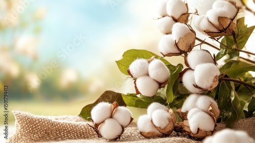 A close-up shot of cotton flowers with green leaves over a rustic background.