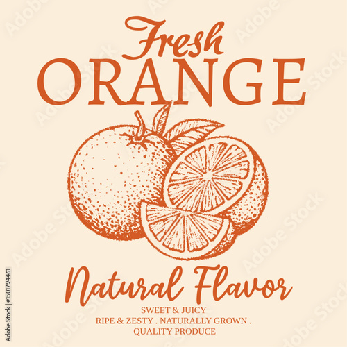 vintage grunge orange fruit print design, women's graphic tee artwork for food fashion. sweet & juice.