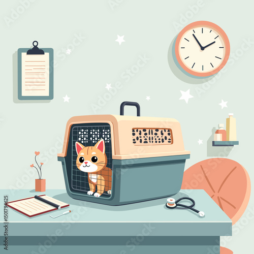 cat carrier on vet table
