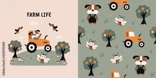 Children's seamless drawing with a cute dog on a tractor. Vector design for bed linen, fabric, wallpaper, wrapping paper and more.