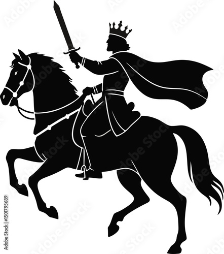 illustration of the king carrying a very brave and gallant horse with a vector silhouette sword