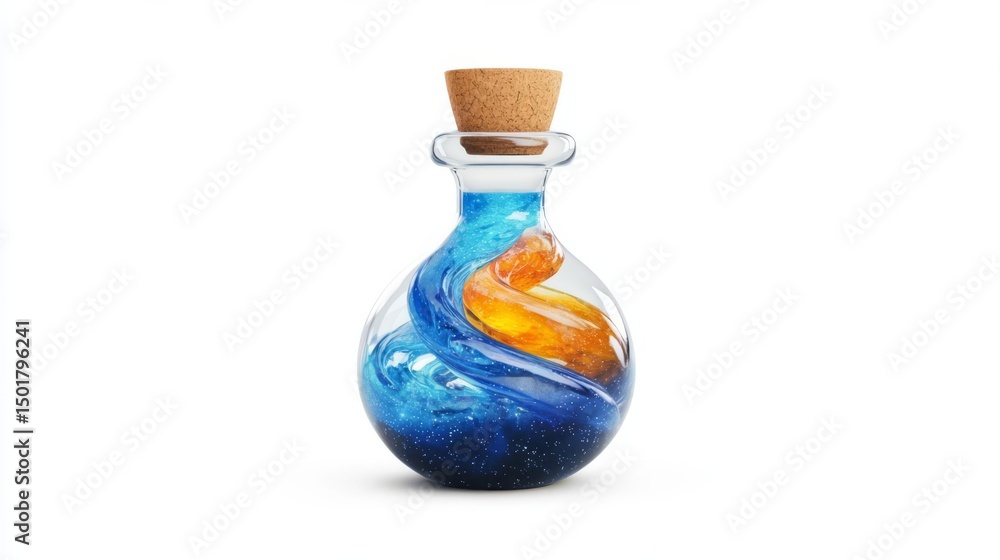 A stunning glass potion bottle showcasing swirling blue and orange liquid, perfect for fantasy-themed visuals. A stunning glass potion bottle showcasing swirling blue and orange liquid, perfect for fantasy-themed visuals.