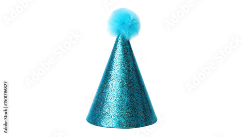 Teal glitter party hat with blue pom pom isolated on transparent background