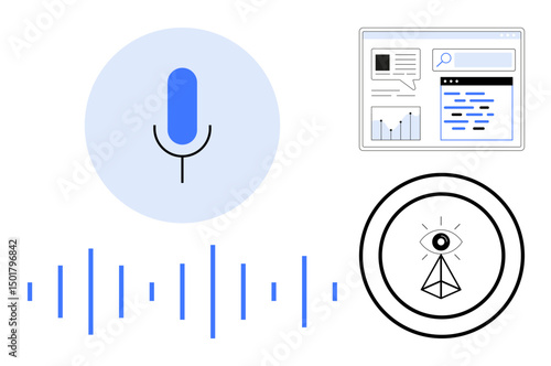 Microphone icon with sound waves, data analytics dashboard, and an eye in a pyramid symbolizing insight. Ideal for AI, voice control, digital tools, analytics, search, innovation simple landing page